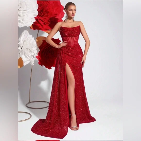 NWOT Strapless Ruby Red Sequin Gown - Picture 5 of 8